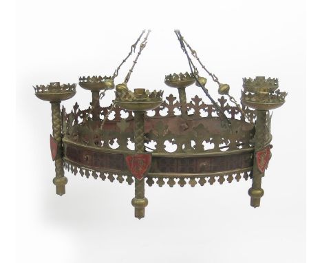 A Gothic Revival enamelled brass ceiling light in the manner of A.W.N Pugin,  circular frame supporting six  light fittings w