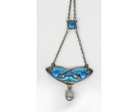 An Art Nouveau Pendleton &amp; Sons silver and enamel pendant necklace, cast in low relief with foliate panels, enamelled blu
