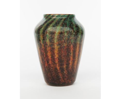 A  Moncrieff's  Monart Ware vase, shape F,  shouldered form, orange glass with green and ochre pulled stripes, cased in clear