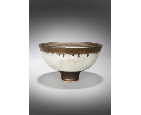 ‡ Dame Lucie Rie (1902-1995) a fine, flaring conical bowl on slender foot, stoneware inlaid with green lines, with controlled