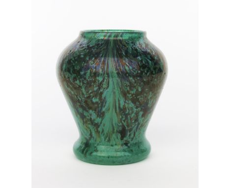 A Moncrieff's  Monart Ware   Stoneware vase,  shape, clear liner, mottled green glass with blue pulls and surface iridescence
