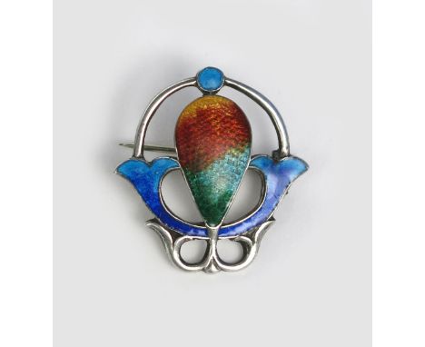 An Art Nouveau James Fenton silver and enamel brooch, pierced and cast with a stylised flower, enamelled in colours stamped m
