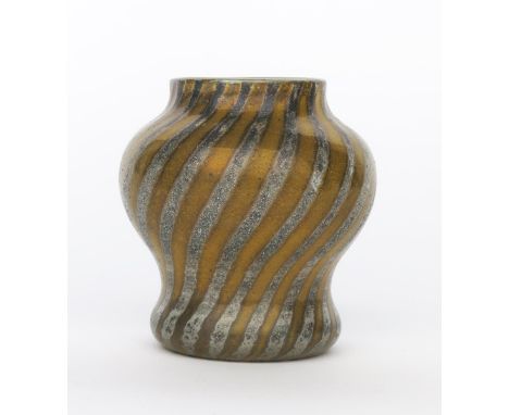 A Moncrieff's  Monart Ware glass vase, opaque glass, surface decorated with yellow and lustred white stripes, applied collect