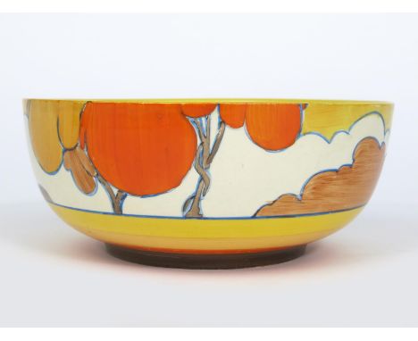 'Orange Autumn' a Clarice Cliff Bizarre bowl, painted in colours, between yellow, orange and brown bands, printed factory mar
