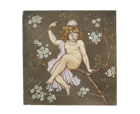 A large Aesthetic Movement tile probably designed by William Stephen Coleman, painted with a young girl seated in a blossomin