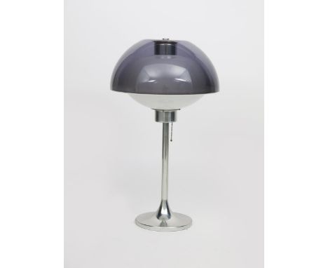 A Lumitron table lamp designed by Robert Welch,  smoked blue and opaque perspex on polished aluminium stem, 53cm. high