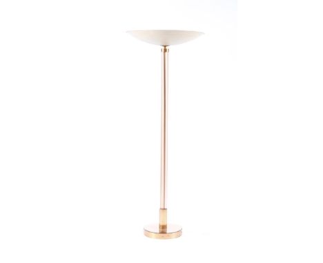 An English Art Deco peach-tinted mirrored glass standard uplighter  lamp,  three peach glass tubes supporting textured paper 