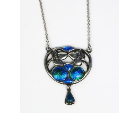 An Art Nouveau Charles Horner silver and enamel pendant necklace,  pierced and cast in low relief with foliate stems, enamell