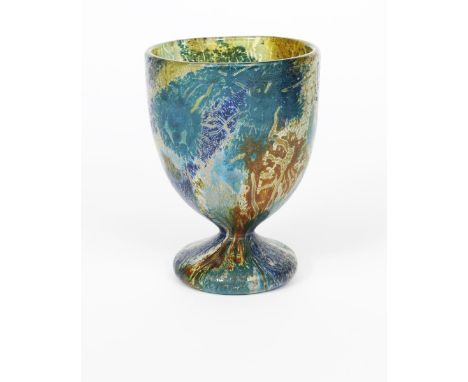 An unusual Moncrieff's  Monart Ware surface-decorated glass coupe vase,  clear glass surface decorated with yellow, blue and 