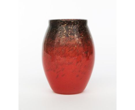 A Moncrieff's  Monart Ware glass, shouldered form with collar rim, clear glass, mottled red graduating to aubergine to should