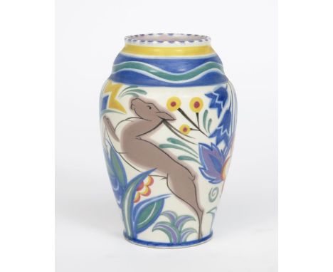 A Poole Pottery Leaping Gazelle vase designed by Truda Carter,  painted by Gwendoline Selby, pattern TZ, shouldered form, pai