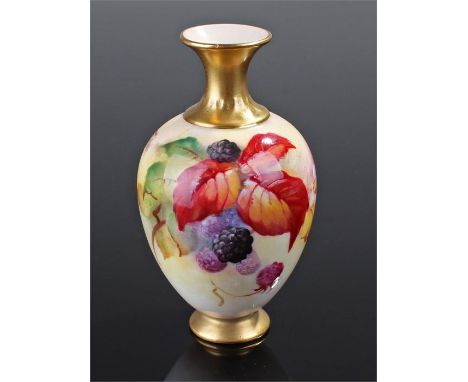 Royal Worcester vase, circa 1930,  painted by Kitty Blake, flowers and fruits, signed, 10cm high