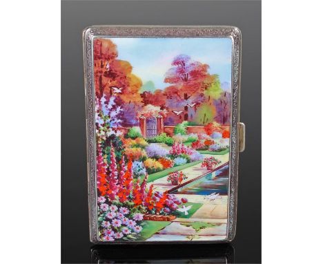 Enamel cigarette case, the enamelled front with a summers garden scene, the white metal case with gilt interior, stamped Gold