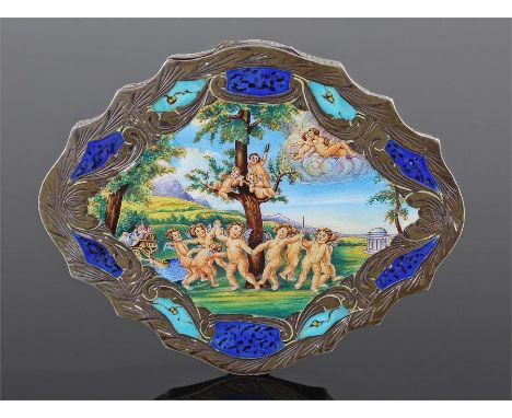 Continental silver and enamel compact, the polychrome enamel hinged lid with a dancing cherub scene, trailing landscape, blue