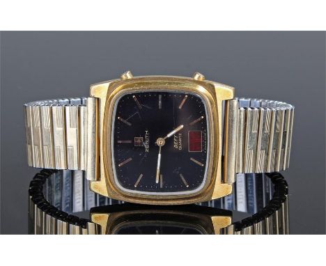 Zenith Defy gentleman's gold plated wristwatch, the black square dial with gilt baton hour markers, LED date aperture, later 