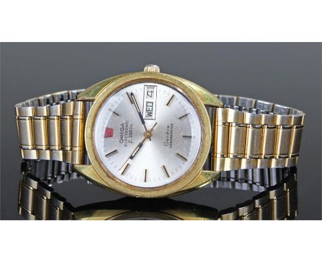 Omega Electronic F300 HZ gold plated gentleman's wristwatch, Geneve Chronometer, the silvered dial with baton hours, day and 