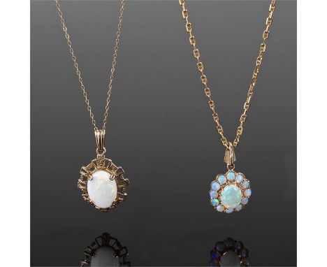 Two 9 carat gold opal set necklaces, the first wet with one large opal, the second with a central opal surrounded by twelve f