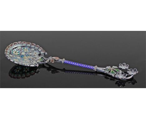 Silver and enamel spoon, marked 925, with enamel flowers above a twist stem and foliate enamelled bowl, 14cm long 