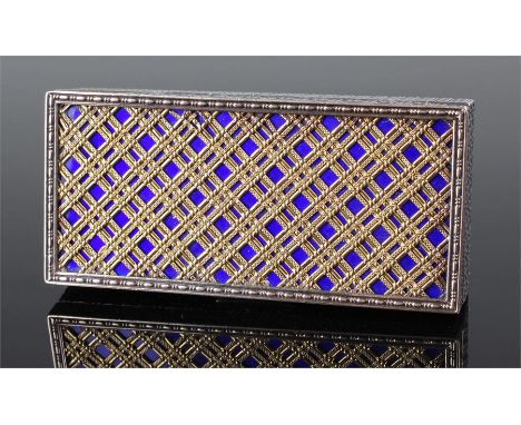 Boucheron silver cigarette box, the gold and blue enamel banded top above s flower case, sprung opening lid, the internal lid