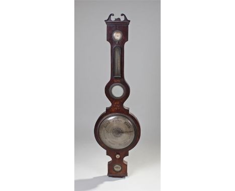 Victorian rosewood wheel barometer,Herrman, Lynn, with a dry/damp gauge above a thermometer, barometer dial and ivory knob, s