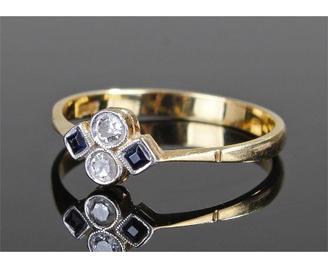 18 carat gold diamond and sapphire ring, set with two diamonds and two sapphires, ring size Q