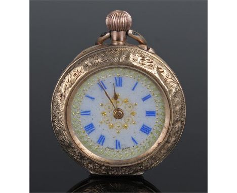 Ladies 9 carat gold pocket watch, the white enamel dial with blue Roman numerals, foliate engraved case