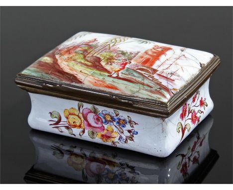 18th Century enamel box, with a polychrome painted tower scene, figures walking over a bridge, 8cm wide, 6cm deep