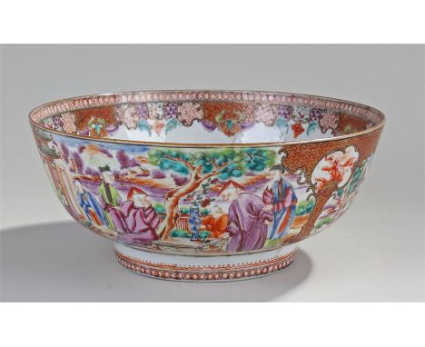 19th Century Chinese Canton enamel punch bowl, with painted Chinese scenes, foliate and geometric border design, 29cm wide