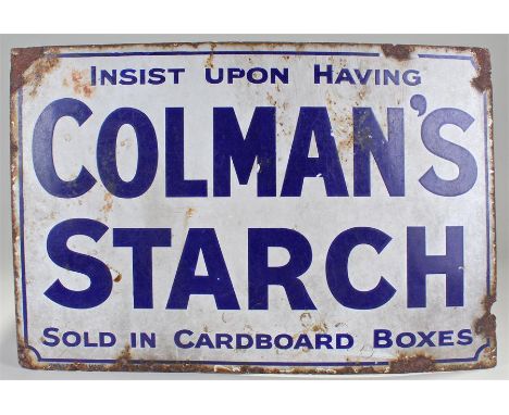 Colman's enamel advertising sign, "Insist upon having Colman's starch, sold in cardboard boxes, 61cm x 41cm