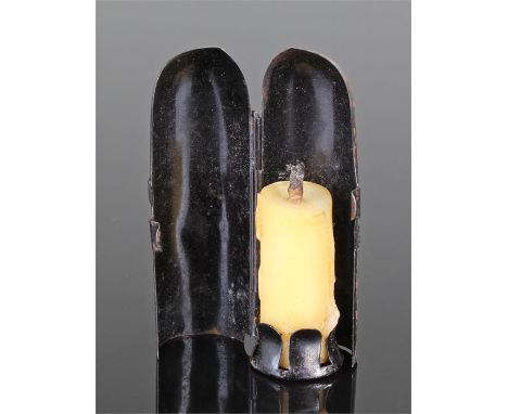 19th Century tin travelling candle stick, of small proportions, bullet shaped hinged case, 6.5cm high 