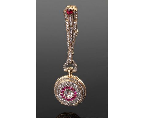 Exceedingly Fine diamond and ruby mounted open face watch, the white enamel dial with Roman hours, outer Arabic minutes on, t