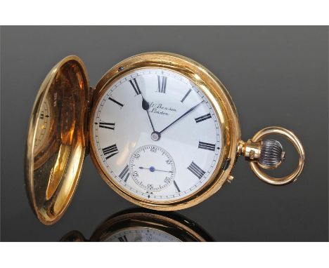 18 carat gold hunter pocket watch, J W Benson, London, the crown wound case with a white enamel signed dial, Roman hours, sub