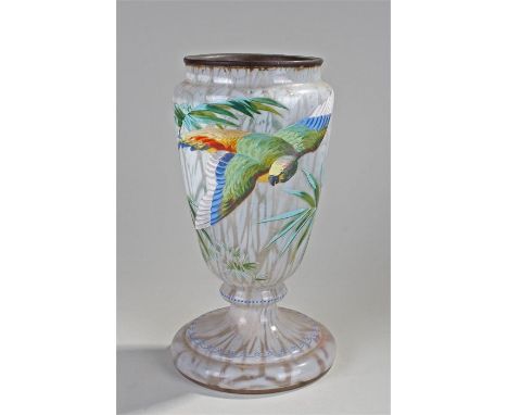 Victorian glass vase, with a polychrome painted parrot, blue enamel border, 33cm high