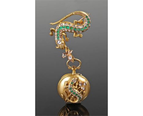 Gold emerald and diamond set pocket watch, the watch with an openface, emerald and diamond set lizard to the reverse, the whi