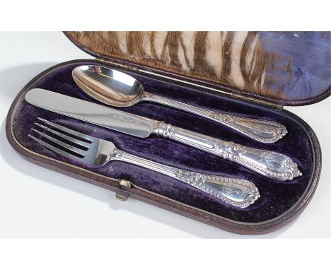 Victorian cased silver set, London, 1854, the leather case enclosing a knife, fork and spoon