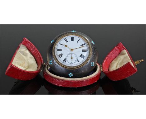Victorian gun metal and turquoise set travelling timepiece, retailed by G J Vickery, Regent Street, the white enamel dial wit