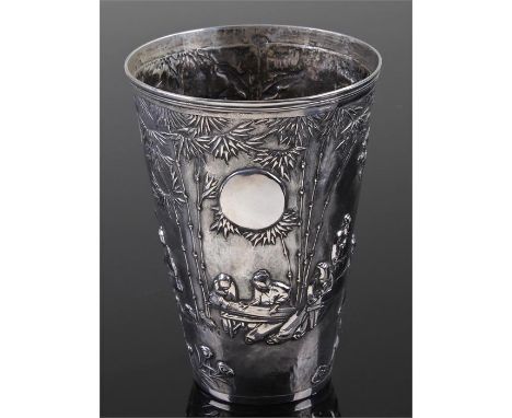 Mid 19th Century Chinese cup, maker Leeching of Canton, Hong Kong & Shanghai, circa 1850 - 1870 of conical form, embossed wit