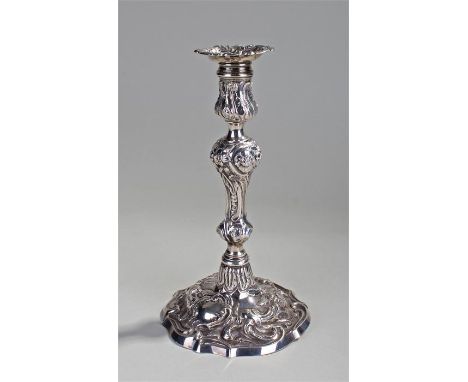 George II silver cast candlestick, maker William Grundy, London, 1754, with foliate and flower patten, scroll shaped base, 27