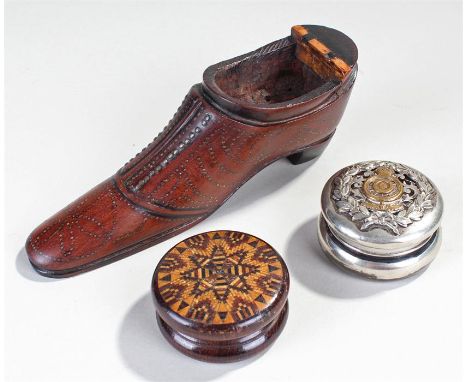 Three snuff boxes, to include a mahogany shoe snuff, (AF) a Tunbridgeware bow and an Elkington plate box, (3)