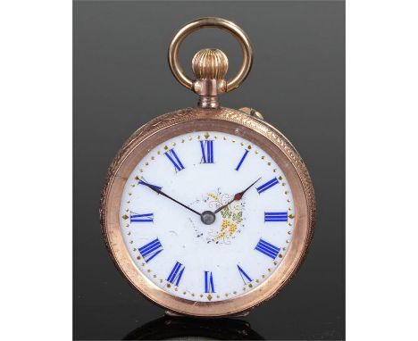 9 carat gold openface pocket watch, the engraved case with white enamel dial, Roman hours, crown wound, 36mm diameter