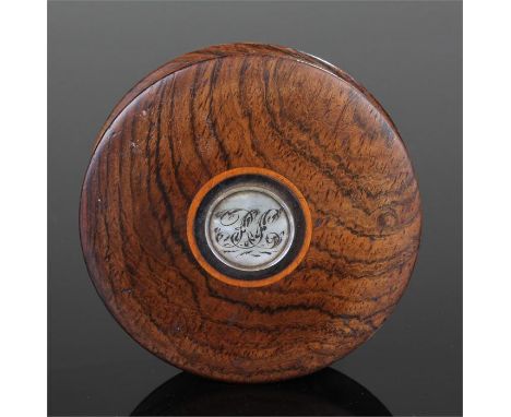 19th Century rosewood and mother of pearl snuff box, the circular box with mother of pearl tablet, 8cm wide