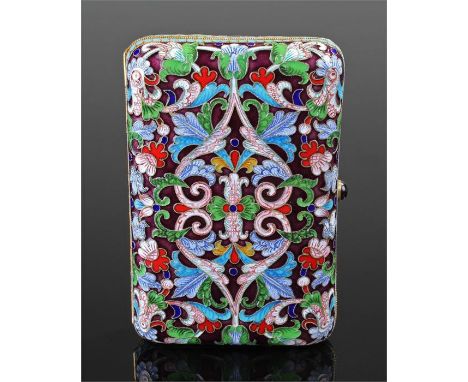 Russian silver and enamel case, second Kokoshnik mark, decorated with bright polychrome colours, flowers and swags, the inter
