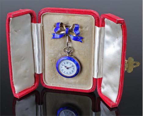 Early 20th Century blue enamelled ladies pocket watch, the blue enamel bow with clasp attached to the blue enamel open face p