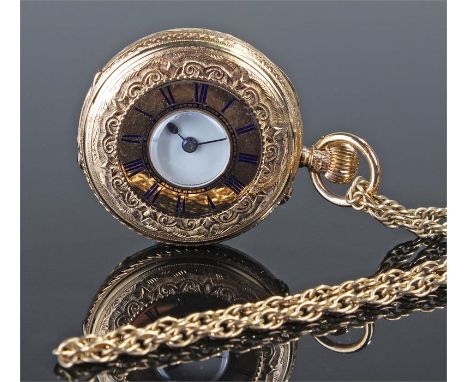 18 carat gold half hunter pocket watch, Thomas Russell, the engraved case with blue enamel Roman hours, the interior dial wit