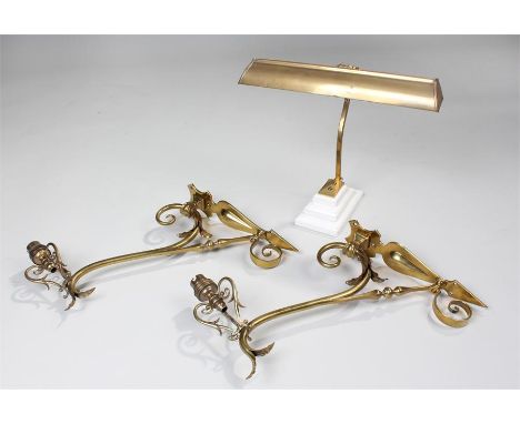 Pair brass art nouveau electric wall brackets, stamped "G.E.C" and brass picture light, (3)