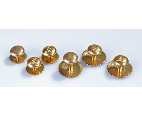 Set of 18 carat gold collar and button studs, each with an heraldic crest, total weight 25.5 grams