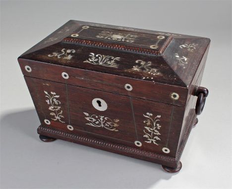 Victorian rosewood and mother of pearl inlaid tea caddy, sarcophagus form, inlaid with mother of pearl swags,, with interior 
