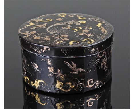 George III tortoiseshell and pique work snuff box, the yellow metal inlaid swag and scroll box, circular form, 8cm wide, 4cm 