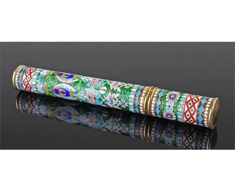 Russian silver and enamel cigar holder, second Kokoshnik mark, decorated on bright polychrome colours, flowers and swags, pul