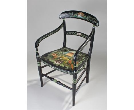 Sir John Verney (British, 1913-1993) the painted armchair with a swan to the arched back flowers to the rail and leaf design,